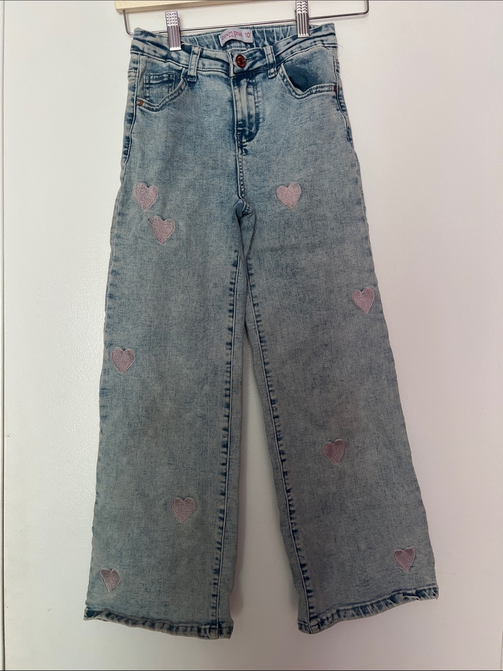 Light Wash Kids Jeans with Pink Heart Accents